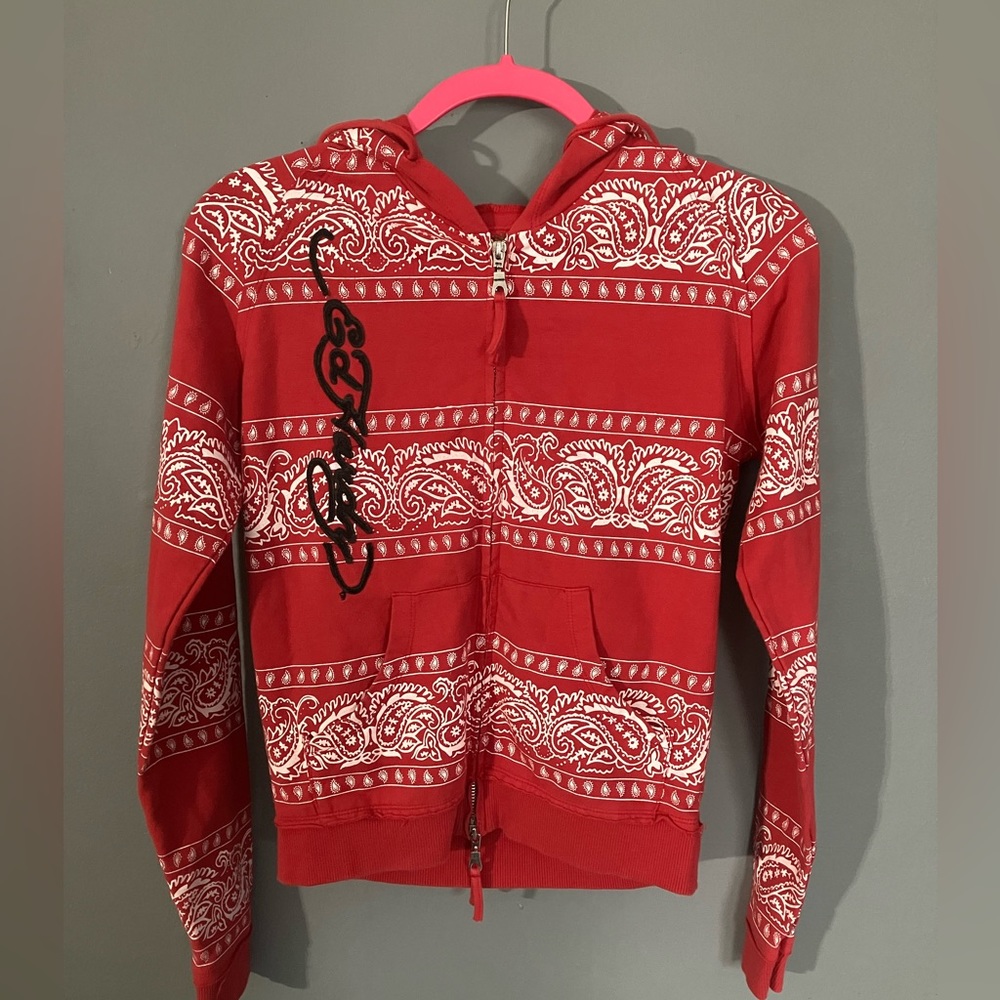 Ed Hardy Vintage Y2K Red Bandana Full Zip Hoodie Tiger Large VTG
